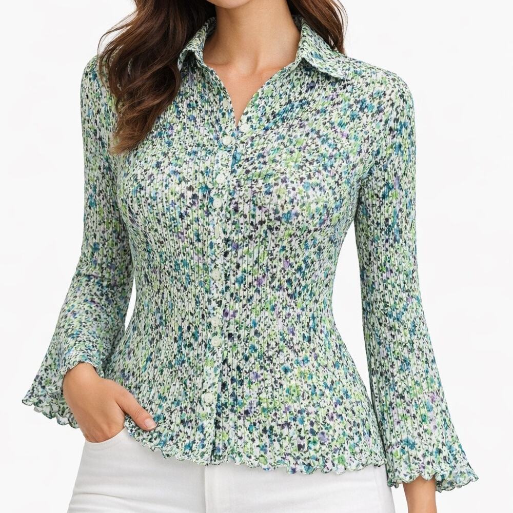 Sioni Green Floral Button-Down Pleated Blouse